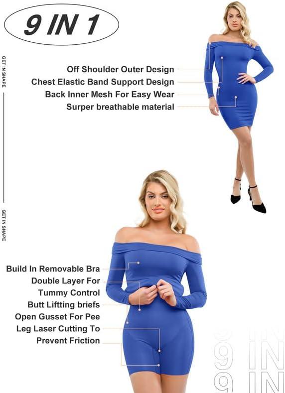 imagePopilush Shapewear Dress Off Shoulder Bodycon Mini Dress with Built in Shapewear Long Sleeve Dresses for Women 2024Blue