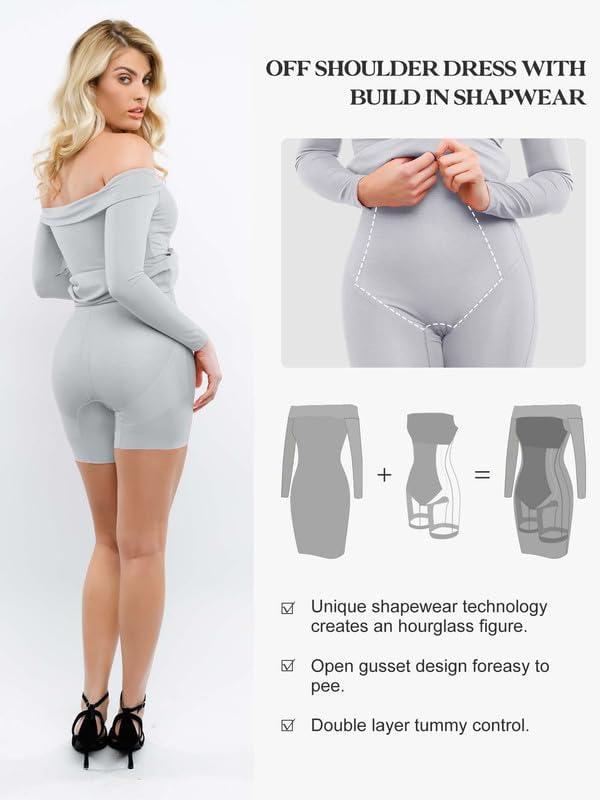 imagePopilush Shapewear Dress Off Shoulder Bodycon Mini Dress with Built in Shapewear Long Sleeve Dresses for Women 2024Grey