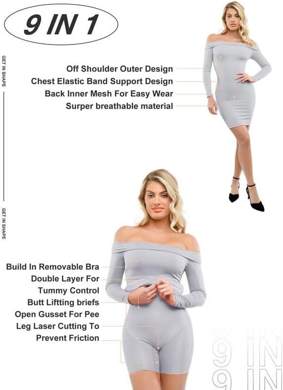 imagePopilush Shapewear Dress Off Shoulder Bodycon Mini Dress with Built in Shapewear Long Sleeve Dresses for Women 2024Grey