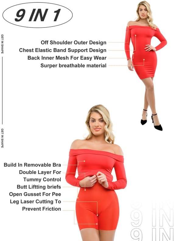imagePopilush Shapewear Dress Off Shoulder Bodycon Mini Dress with Built in Shapewear Long Sleeve Dresses for Women 2024Red