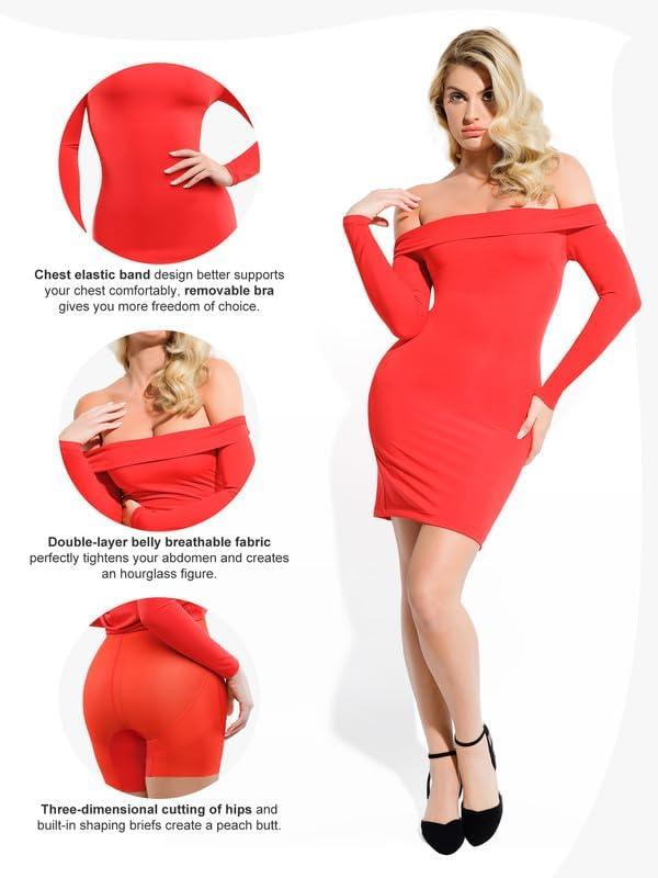 imagePopilush Shapewear Dress Off Shoulder Bodycon Mini Dress with Built in Shapewear Long Sleeve Dresses for Women 2024Red