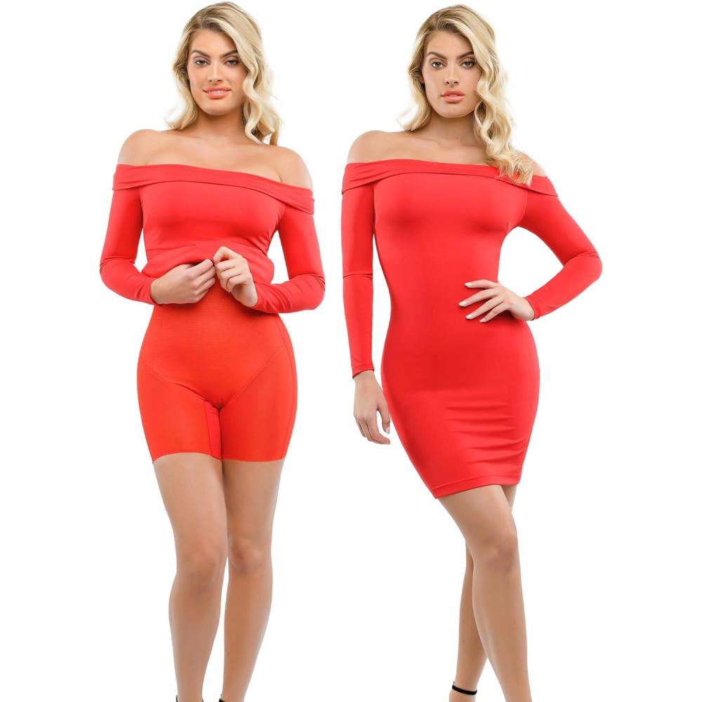 imagePopilush Shapewear Dress Off Shoulder Bodycon Mini Dress with Built in Shapewear Long Sleeve Dresses for Women 2024Red