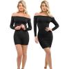 imagePopilush Shapewear Dress Off Shoulder Bodycon Mini Dress with Built in Shapewear Long Sleeve Dresses for Women 2024Black