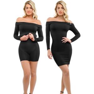 imagePopilush Shapewear Dress Off Shoulder Bodycon Mini Dress with Built in Shapewear Long Sleeve Dresses for Women 2024Black