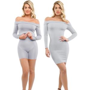 imagePopilush Shapewear Dress Off Shoulder Bodycon Mini Dress with Built in Shapewear Long Sleeve Dresses for Women 2024Grey