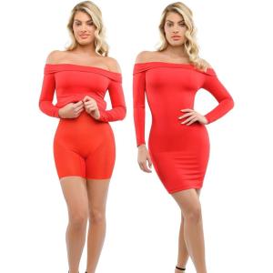 imagePopilush Shapewear Dress Off Shoulder Bodycon Mini Dress with Built in Shapewear Long Sleeve Dresses for Women 2024Red