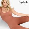 imagePopilush Shapewear Workout Jumpsuit for Women  Built In Shapewear Square Neck Romper with Pocket Bodysuit for WomenBrown Jumpsuit