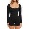 imagePopilush Black Long Sleeve Jumpsuit for Women Athletic Romper Ribbed Fall Workout Shorts Yoga Sweetheart Neck Body Suits