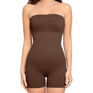 imagePopilush Athletic Shapewear Rompers for Womens Tummy Control Strapless Bodysuit Built in Bra Body Shaper Jumpsuits SummerBrown