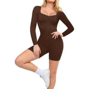 imagePopilush Long Sleeve Jumpsuit for Women Athletic Romper Ribbed Full Workout Bodysuit Shorts Yoga Sweetheart Neck Body SuitsBrown