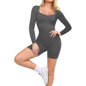 imagePopilush Long Sleeve Jumpsuit for Women Athletic Romper Ribbed Full Workout Bodysuit Shorts Yoga Sweetheart Neck Body SuitsLight Gray
