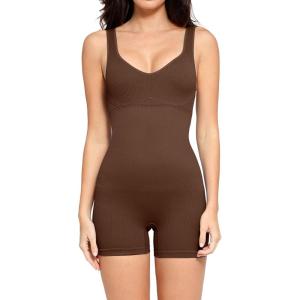 imagePopilush Shapewear Jumpsuits for Women Built  in Bra Crew Neck Sleveless Rompers Shorts Bodycon Bodysuits OutfitsBrown