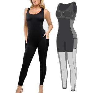 imagePopilush Shapewear Workout Jumpsuit for Women  Built In Shapewear Square Neck Romper with Pocket Bodysuit for WomenBlack