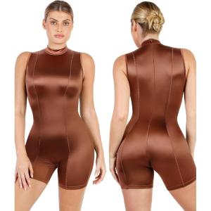 imagePopilush Womens Summer Bodycon Jumpsuits Casual Sleeveless Stretchy Shorts Rompers Zipper BodysuitBrown Bodycon Jumpsuits