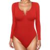 imagePopilush Long Sleeve Shapewear Bodysuit Tummy Control Henley Button Up Modal Scoop Neck Body Suit Tank TopsRed