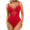 imagePopilush Lace Bodysuits for Women Corset Shapewear Tummy Control Body Suits V Neck Thong Underwired Outfits Side ZipperRed