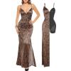 imagePopilush Womens Sexy Maxi Dress Deep V Neck Ruched Shapewear Dresses Side Slit Formal Cocktail Party DressLeopard