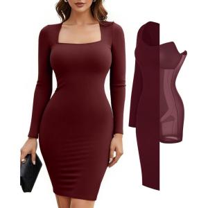 imagePopilush Dress Long Sleeve Midi Bodycon Dresses for Women Square Neck Shapewear Tummy Control Builtin Bra PartyNut Red Midi Dress