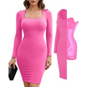 imagePopilush Dress Long Sleeve Midi Bodycon Dresses for Women Square Neck Shapewear Tummy Control Builtin Bra PartyPink Midi Dress