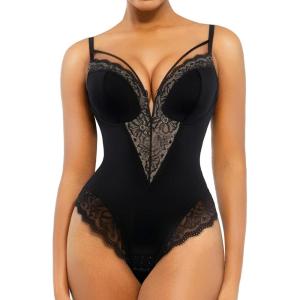 imagePopilush Lace Bodysuits for Women Corset Shapewear Tummy Control Body Suits V Neck Thong Underwired Outfits Side ZipperBlack