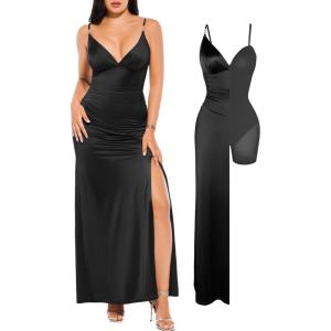 imagePopilush Womens Sexy Maxi Dress Deep V Neck Ruched Shapewear Dresses Side Slit Formal Cocktail Party DressBlack