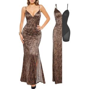 imagePopilush Womens Sexy Maxi Dress Deep V Neck Ruched Shapewear Dresses Side Slit Formal Cocktail Party DressLeopard