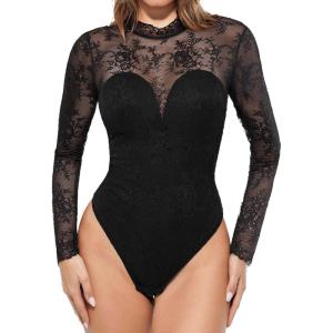 imagePopilush Long Sleeve Body Suits Womens Tummy Control Open Back Sheer Top Built in Bra Turtleneck Lace Shapewear BodysuitBlack