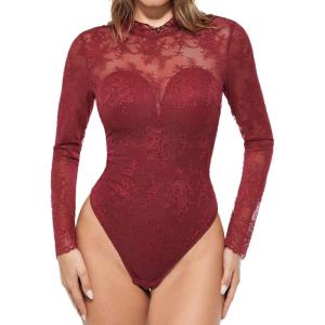 imagePopilush Long Sleeve Body Suits Womens Tummy Control Open Back Sheer Top Built in Bra Turtleneck Lace Shapewear BodysuitRed