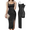 imagePopilush Shapewear Midi Dress Womens Sparkly Formal Wedding Guest Cocktail Dresses Fall Square Neck Ruched Dress Side SlitBlack