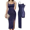 imagePopilush Shapewear Midi Dress Womens Sparkly Formal Wedding Guest Cocktail Dresses Fall Square Neck Ruched Dress Side SlitBlue