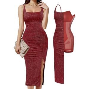 imagePopilush Shapewear Midi Dress Womens Sparkly Formal Wedding Guest Cocktail Dresses Fall Square Neck Ruched Dress Side SlitRed
