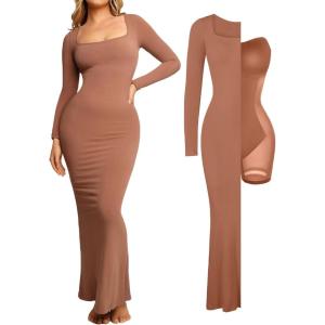 imagePopilush Womens Long Sleeve Maxi Dress Builtin Shapewear Bra Square Neck Fall Formal Wedding Guest Cocktail Bodycon DressesBrown