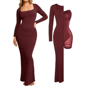 imagePopilush Womens Long Sleeve Maxi Dress Builtin Shapewear Bra Square Neck Fall Formal Wedding Guest Cocktail Bodycon DressesDark Red