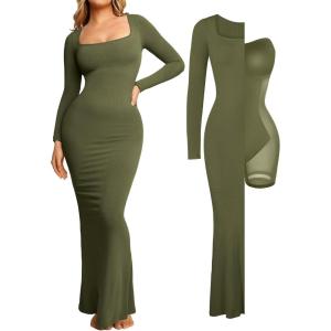imagePopilush Womens Long Sleeve Maxi Dress Builtin Shapewear Bra Square Neck Fall Formal Wedding Guest Cocktail Bodycon DressesGreen