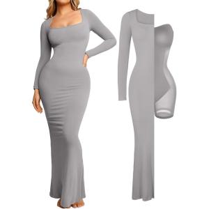 imagePopilush Womens Long Sleeve Maxi Dress Builtin Shapewear Bra Square Neck Fall Formal Wedding Guest Cocktail Bodycon DressesGrey