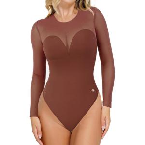 imagePopilush Long Sleeve Body Suits Womens Tummy Control Mesh Shapewear Corset Bodysuit Sheer Going Out Tops Fall OutfitsBrown