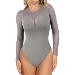 imagePopilush Long Sleeve Body Suits Womens Tummy Control Mesh Shapewear Corset Bodysuit Sheer Going Out Tops Fall OutfitsGrey