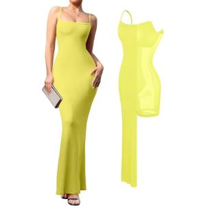 imagePopilush Maxi Dress Bodycon Dresses for Women Cocktail Spaghetti Strap Shapewear Dress Party Date Night Summer LongYellow