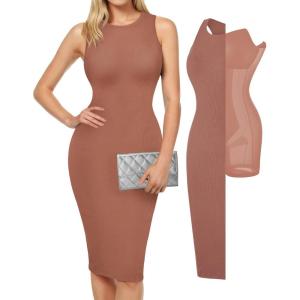imagePopilush Womens Bodycon Dress Ruched Sleeveless Slimming Shapewear Casual Club Evening Party Cocktail Midi Fall DressesBrown