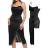 imagePopilush Shapewear Corset Dress Womens Satin Ruched Midi Dress Cocktail Date Night Dresses with Lace Trim BraBlack
