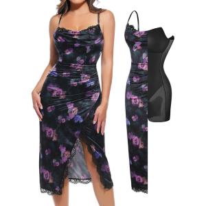 imagePopilush Shapewear Corset Dress Womens Satin Ruched Midi Dress Cocktail Date Night Dresses with Lace Trim BraFloral