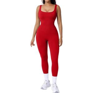 imagePopilush Jumpsuits for Women BuiltIn Bra Square Neck Ribbed Bodycon Workout Seamless Leggings Rompers BodysuitsBright Red