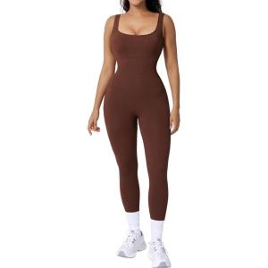 imagePopilush Jumpsuits for Women BuiltIn Bra Square Neck Ribbed Bodycon Workout Seamless Leggings Rompers BodysuitsBrown