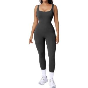 imagePopilush Jumpsuits for Women BuiltIn Bra Square Neck Ribbed Bodycon Workout Seamless Leggings Rompers BodysuitsGrey