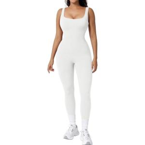 imagePopilush Jumpsuits for Women BuiltIn Bra Square Neck Ribbed Bodycon Workout Seamless Leggings Rompers BodysuitsWhite
