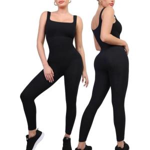 imagePopilush Jumpsuits for Women Square Neck Sleeveless Bodycon Workout Seamless Leggings Rompers Bodysuits Black XXL
