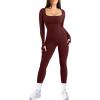imagePopilush Jumpsuits for Women Long Sleeve BuiltIn Bra Square Neck Full Length Leggings Bodycon Stretch Workout OutfitsJujube Red