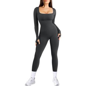 imagePopilush Jumpsuits for Women Long Sleeve BuiltIn Bra Square Neck Full Length Leggings Bodycon Stretch Workout OutfitsGrey