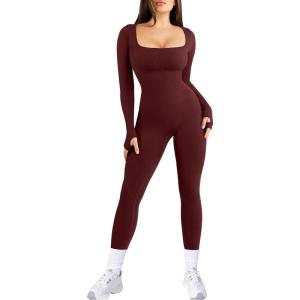 imagePopilush Jumpsuits for Women Long Sleeve BuiltIn Bra Square Neck Full Length Leggings Bodycon Stretch Workout OutfitsJujube Red