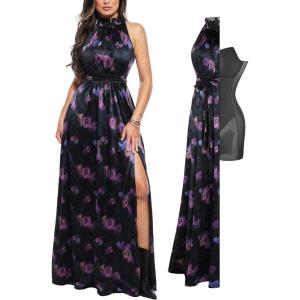 imagePopilush Wedding Guest Dress Formal Dresses for Women Shapewear Bodycon Fall Long Halter Cocktail Maxi DressesFloral